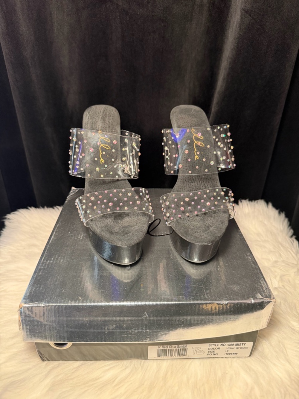 Ellie Black Platform Heels with Iridescent Crystal Straps - Picture 2 of 12